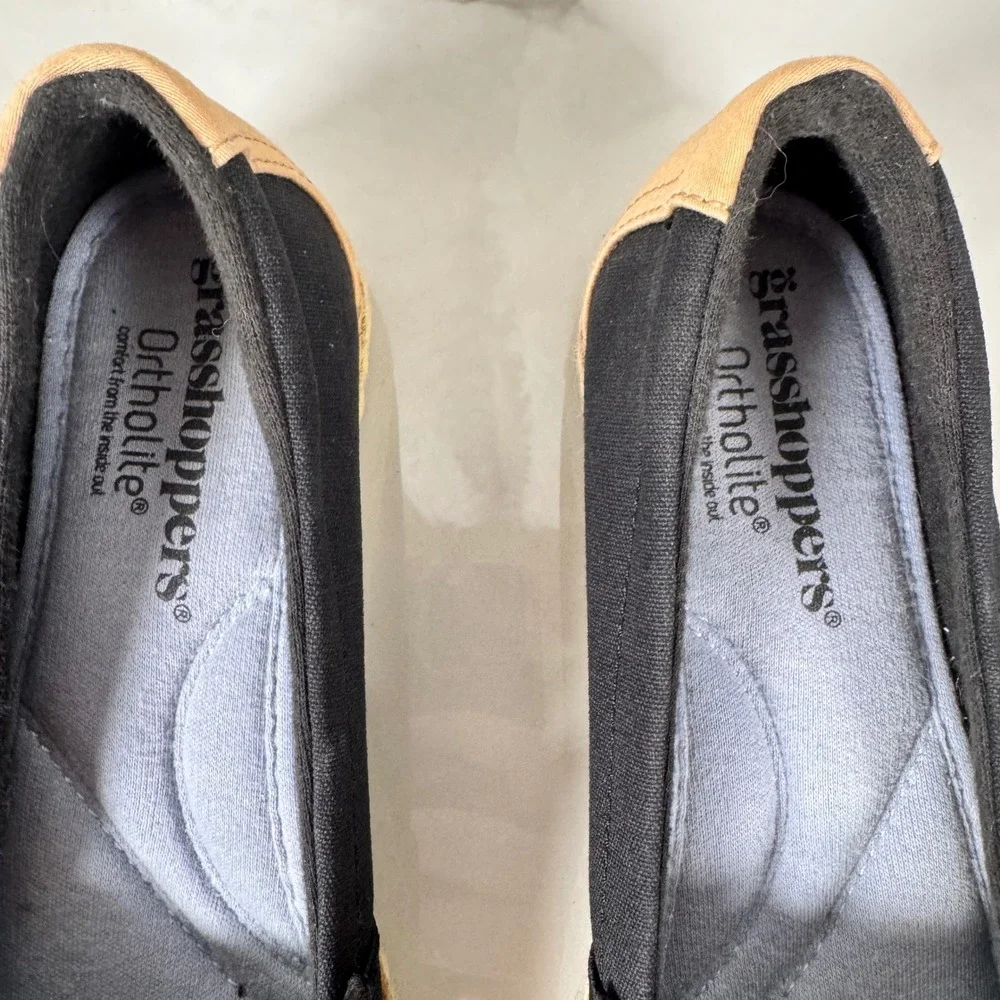 Grasshoppers Canvas Espadrilles Flats Comfort Shoes Black Tan Slip On Neutral 6N